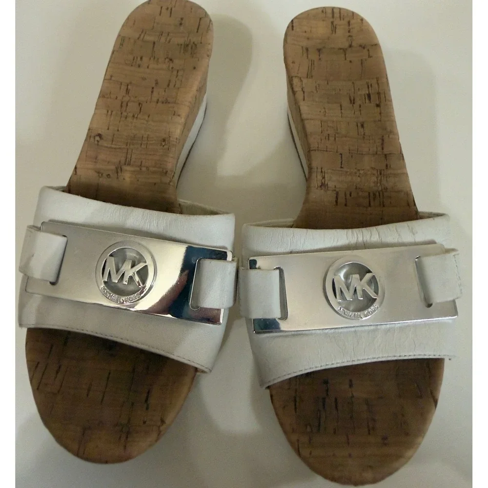 Michael Kors White Leather Cork Wedge Platform Sandals MK Logo Slides size 6